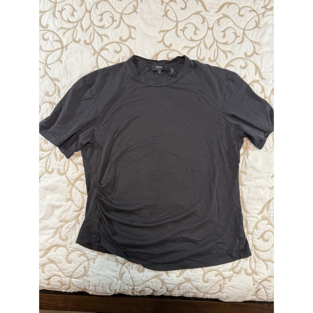 Theory Womens Medium Black Ruched Side Short Sleeve Soft T Shirt Top - Peru